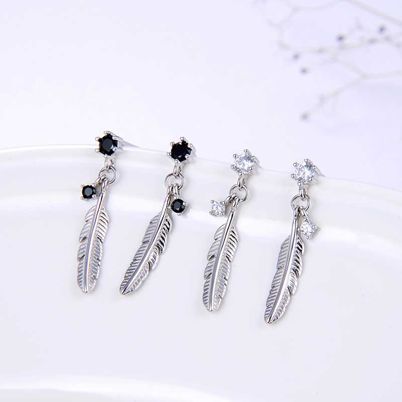925 Sterling Silver Feather Drop Earrings "Raven" (Crystal)