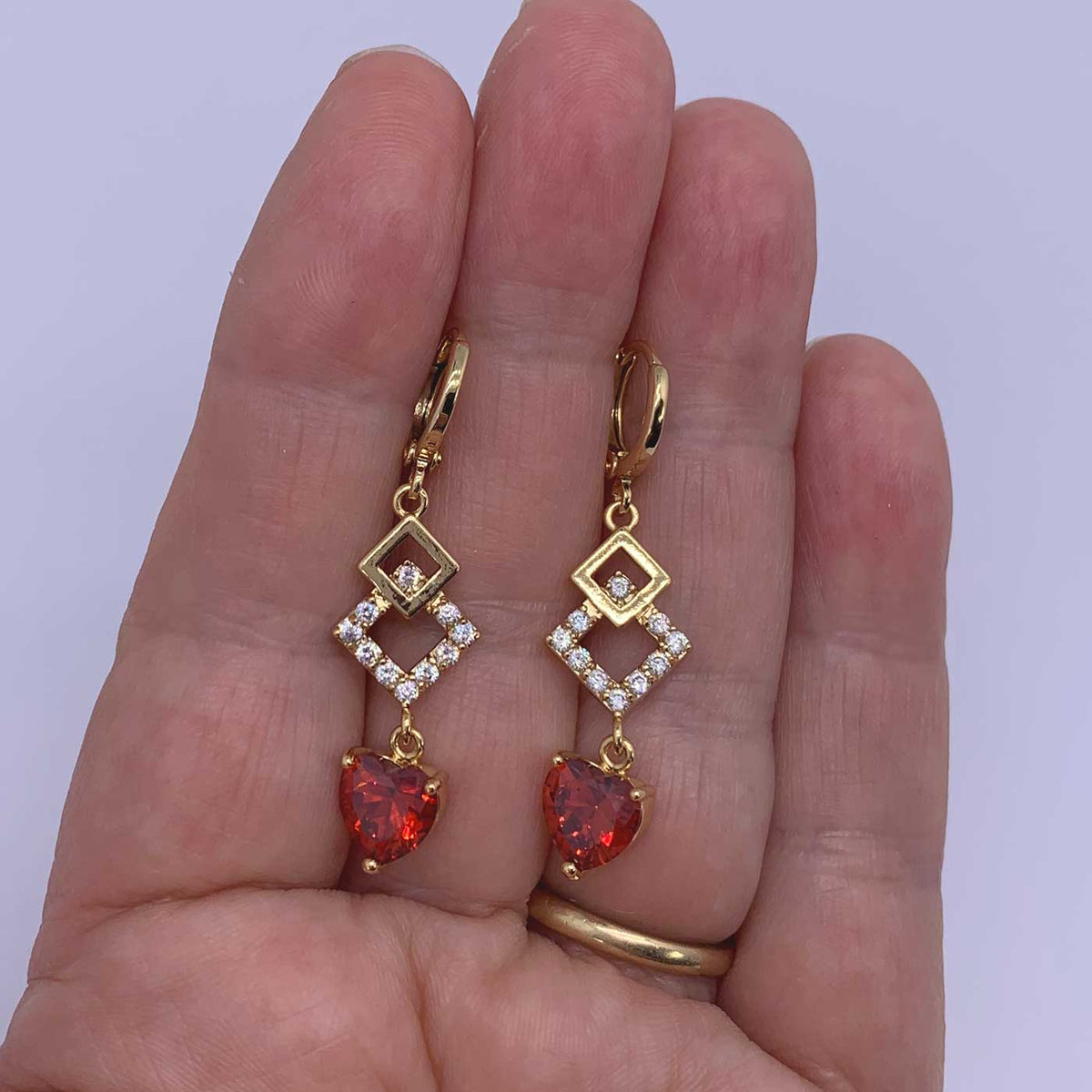 18K Gold Dangle CZ Diamond Earrings "Ritalia" (Red)