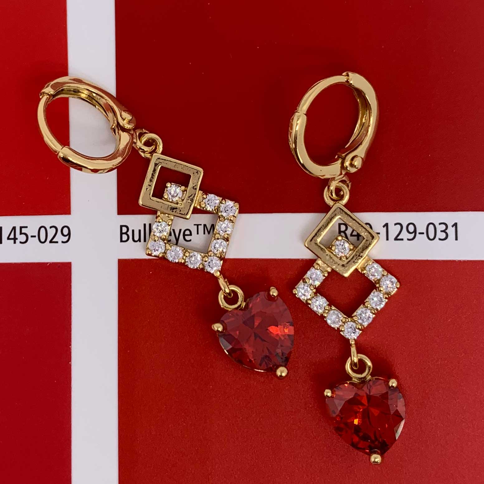 18K Gold Dangle CZ Diamond Earrings "Ritalia" (Red)