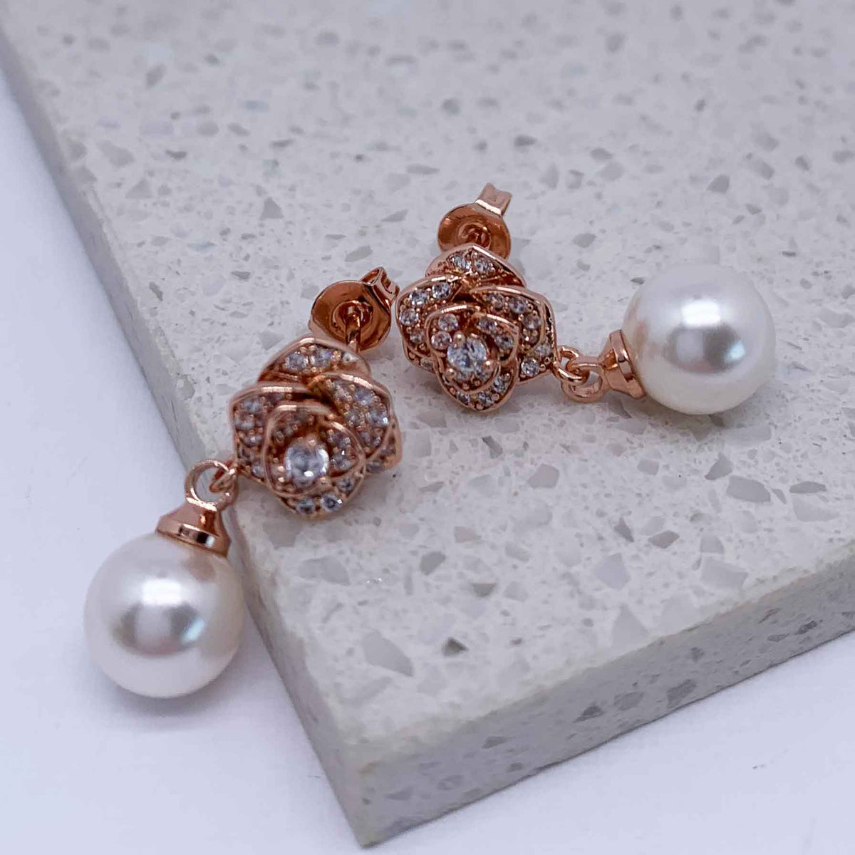 rose crystal pearl earrings bridal