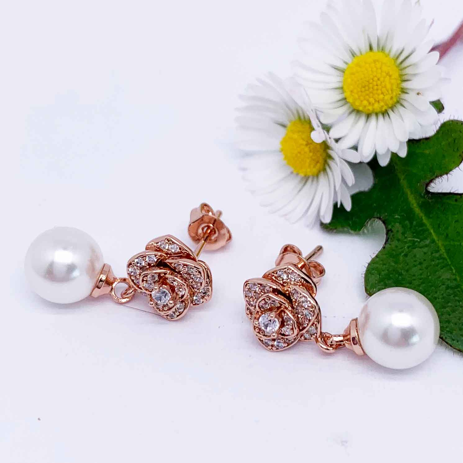 rose crystal pearl earrings