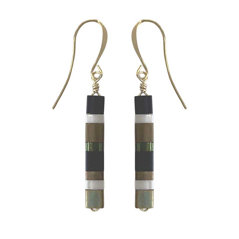 Gold Earrings with Miyuki Tila beads "Satoga" (Green)