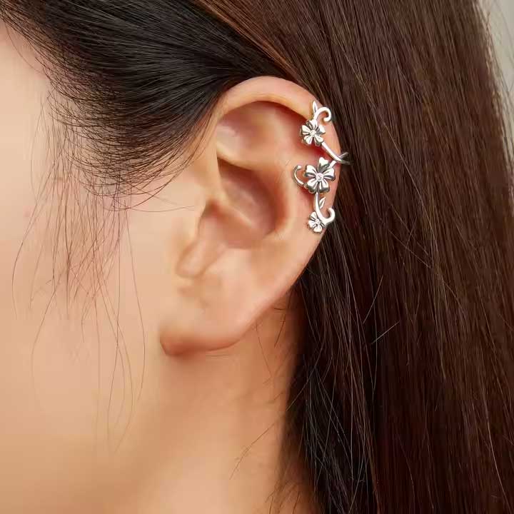 silver floral ear cuff