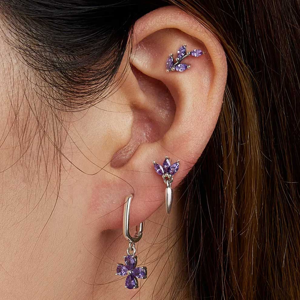 silver purple flower stud earring drop