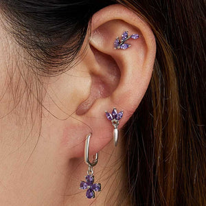 silver purple flower stud earring drop