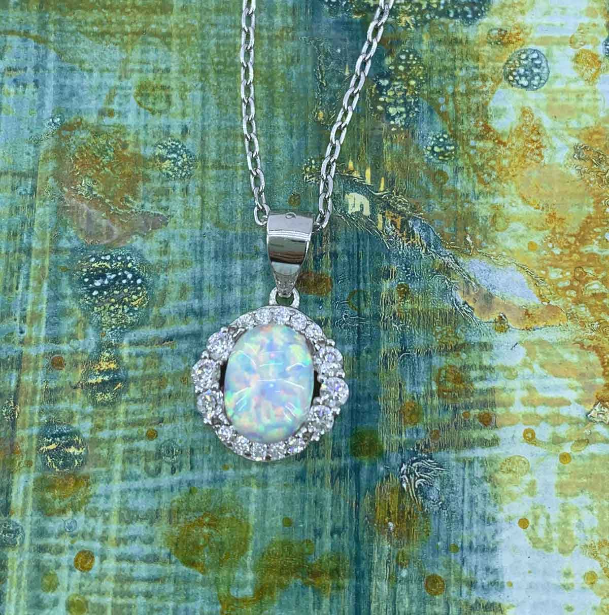 925 Sterling Silver Opal necklace with Swarovski crystals "Kirsty" (White)