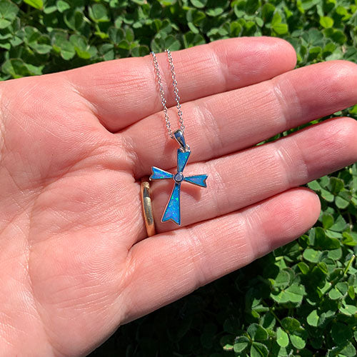 925 Sterling Silver Cross Blue Opal Necklace "Ripeka" (Blue)