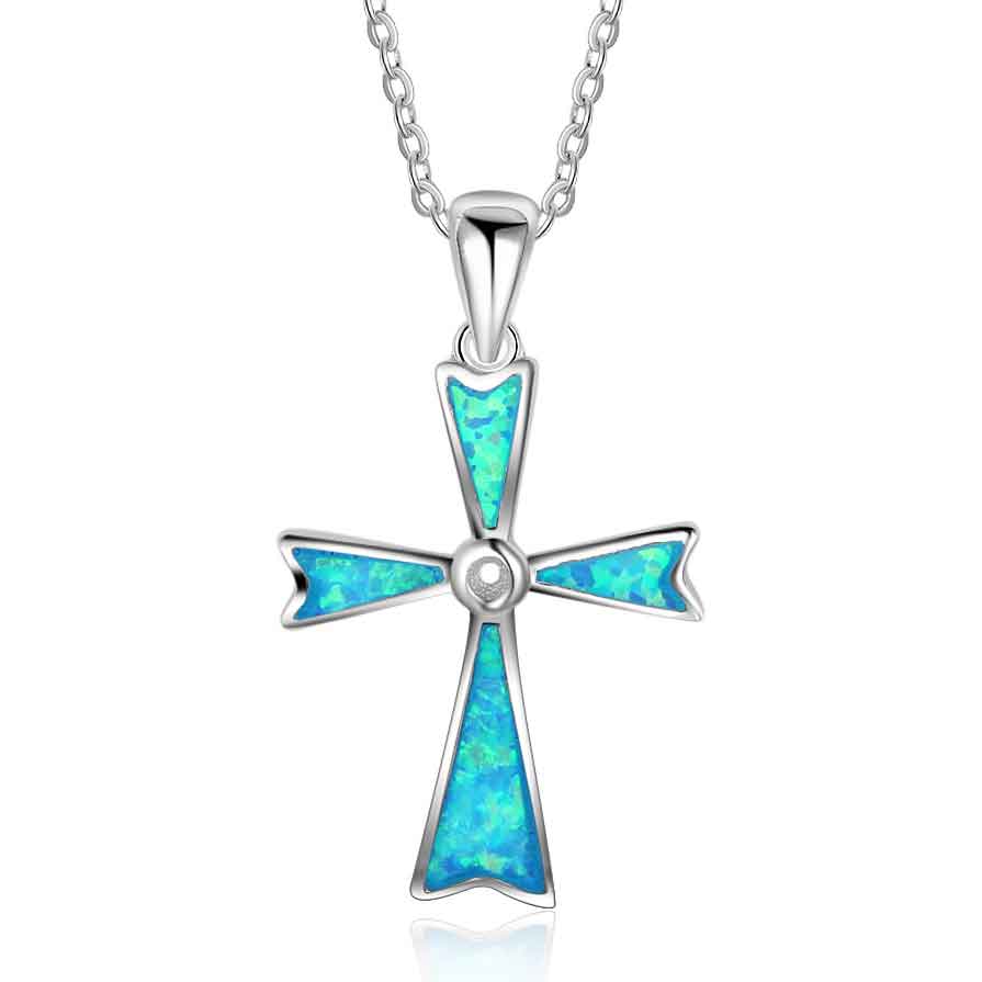 925 Sterling Silver Cross Blue Opal Necklace "Ripeka" (Blue)