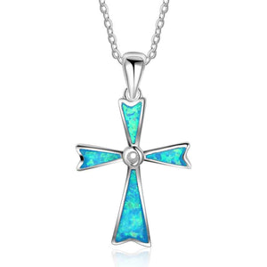 925 Sterling Silver Cross Blue Opal Necklace "Ripeka" (Blue)
