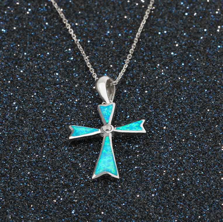 925 Sterling Silver Cross Blue Opal Necklace "Ripeka" (Blue)