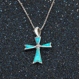925 Sterling Silver Cross Blue Opal Necklace "Ripeka" (Blue)