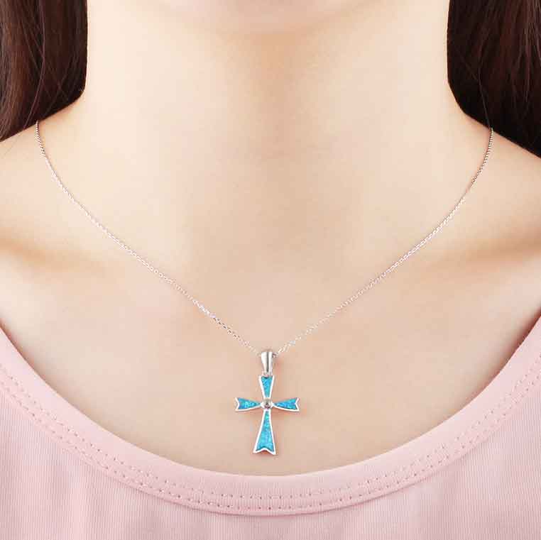 925 Sterling Silver Cross Blue Opal Necklace "Ripeka" (Blue)