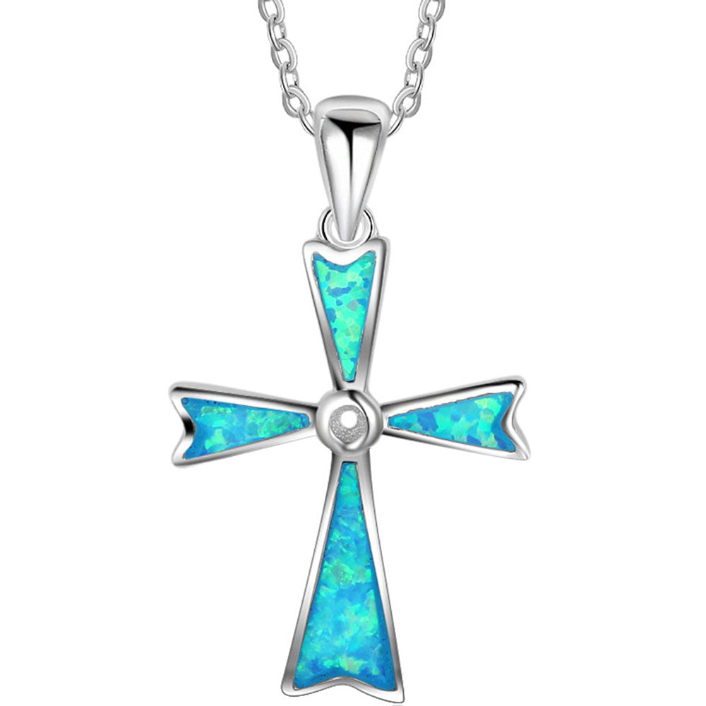 925 Sterling Silver Cross Blue Opal Necklace "Ripeka" (Blue)