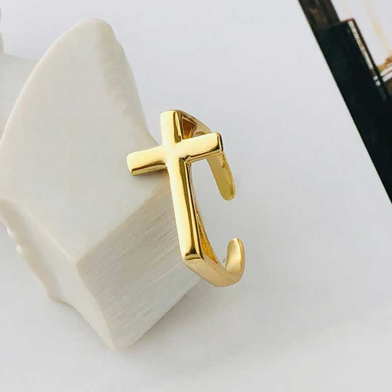 18K Gold over 925 Sterling Silver Adjustable Ring with Cross "Claudia"