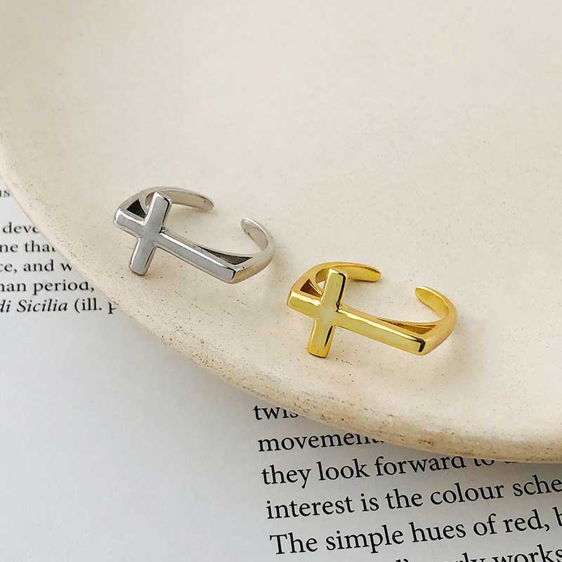 18K Gold over 925 Sterling Silver Adjustable Ring with Cross "Claudia"