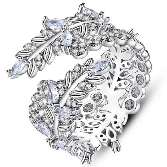 Silver Adjustable CZ Diamond Leaf Ring "Copella"