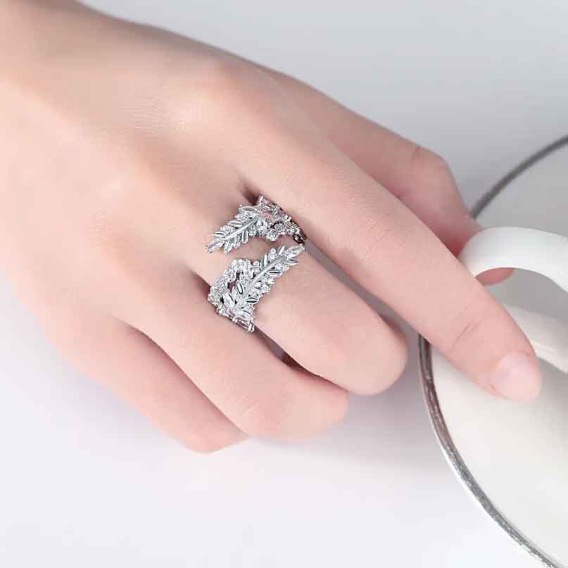 Silver Adjustable CZ Diamond Leaf Ring "Copella"