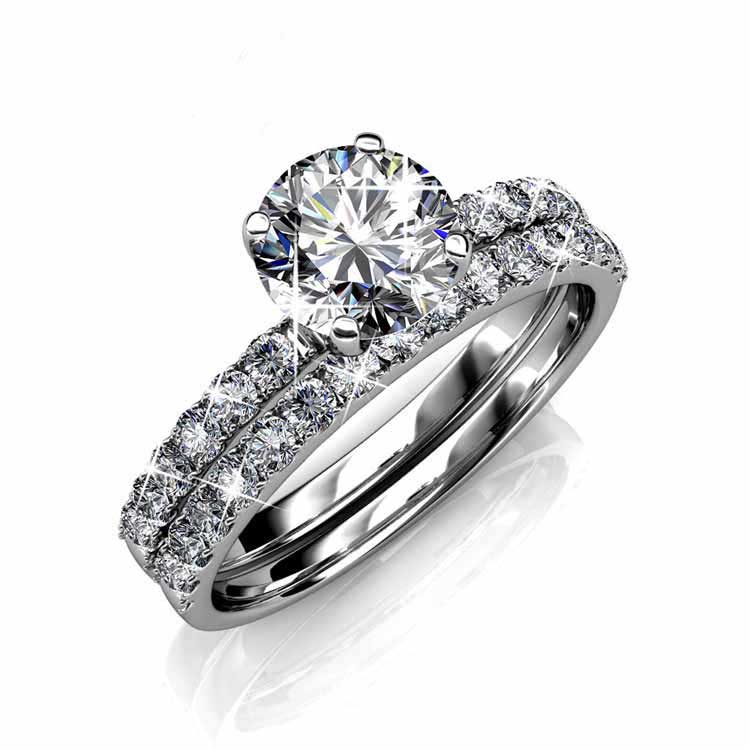 18K White Gold Premium Crystal Wedding Ring Set "Harmony"