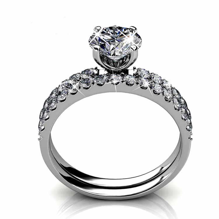 18K White Gold Premium Crystal Wedding Ring Set "Harmony"