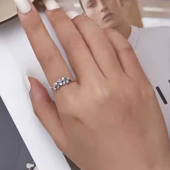 Silver Adjustable Crystal Leaf Ring "Margery"
