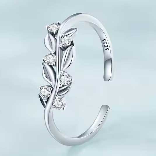 Silver Adjustable Crystal Leaf Ring "Margery"