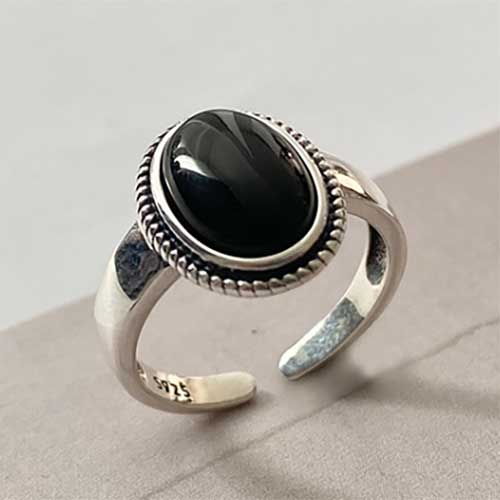 black onyx adjustable silver ring frenelle