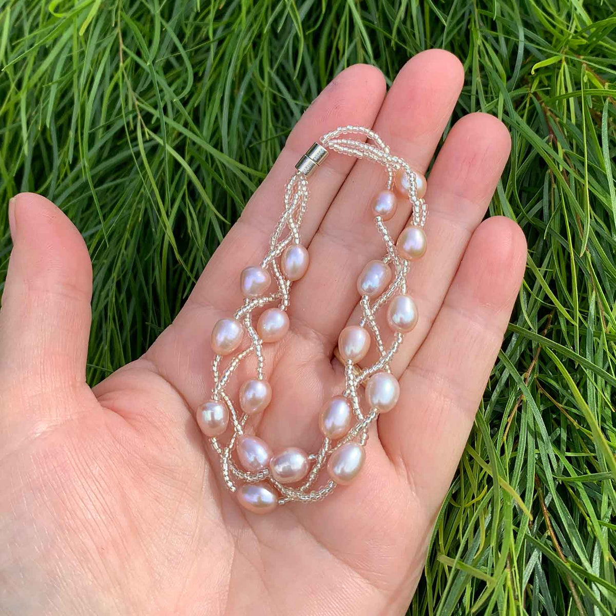 Silver Bracelet with Pearls on three strands "Luguana" (Grape)