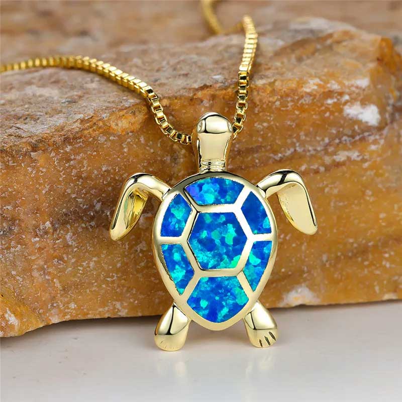 Gold Opal Turtle Necklace "Honu" (Blue)