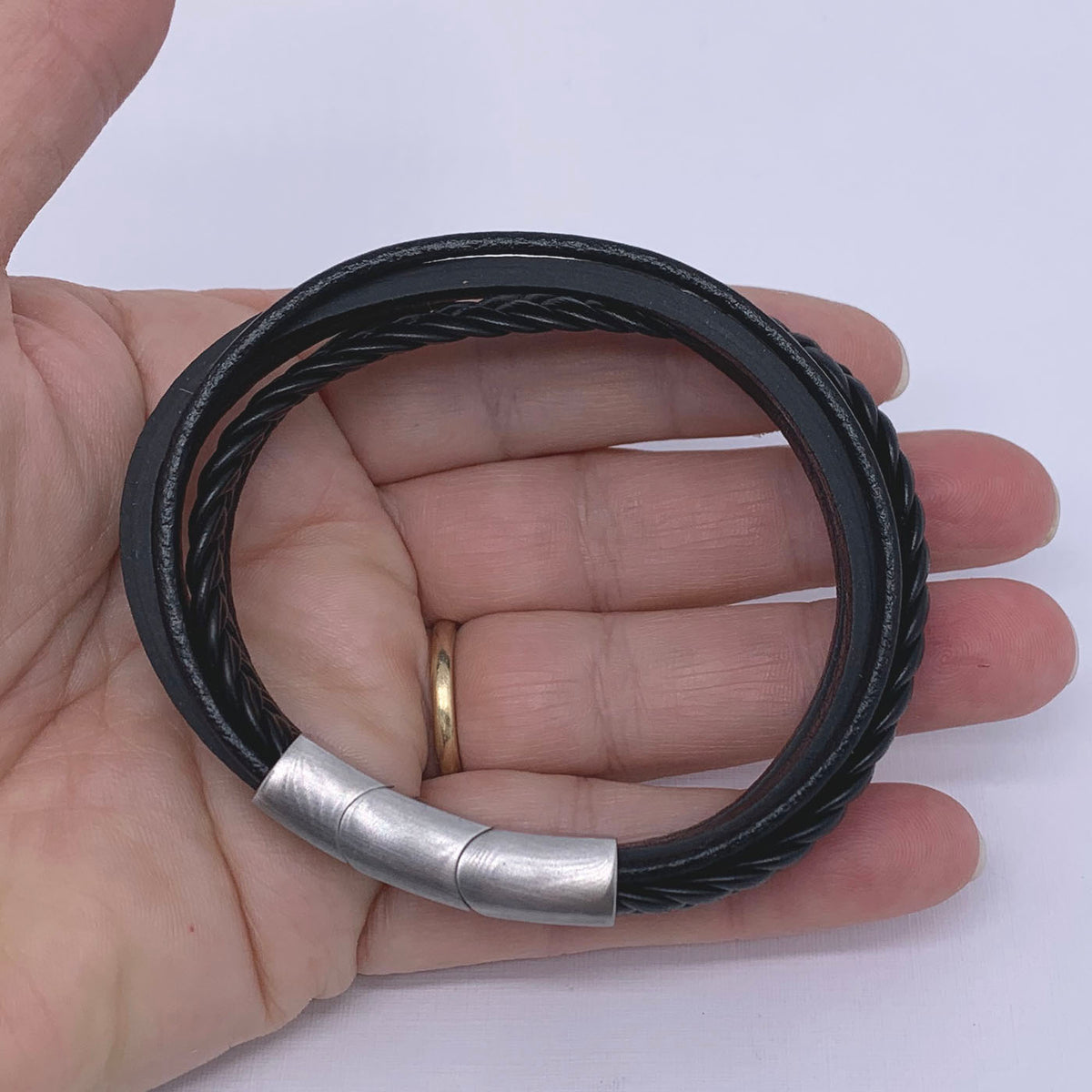 black leather bracelet 5 strand frenelle jewellery