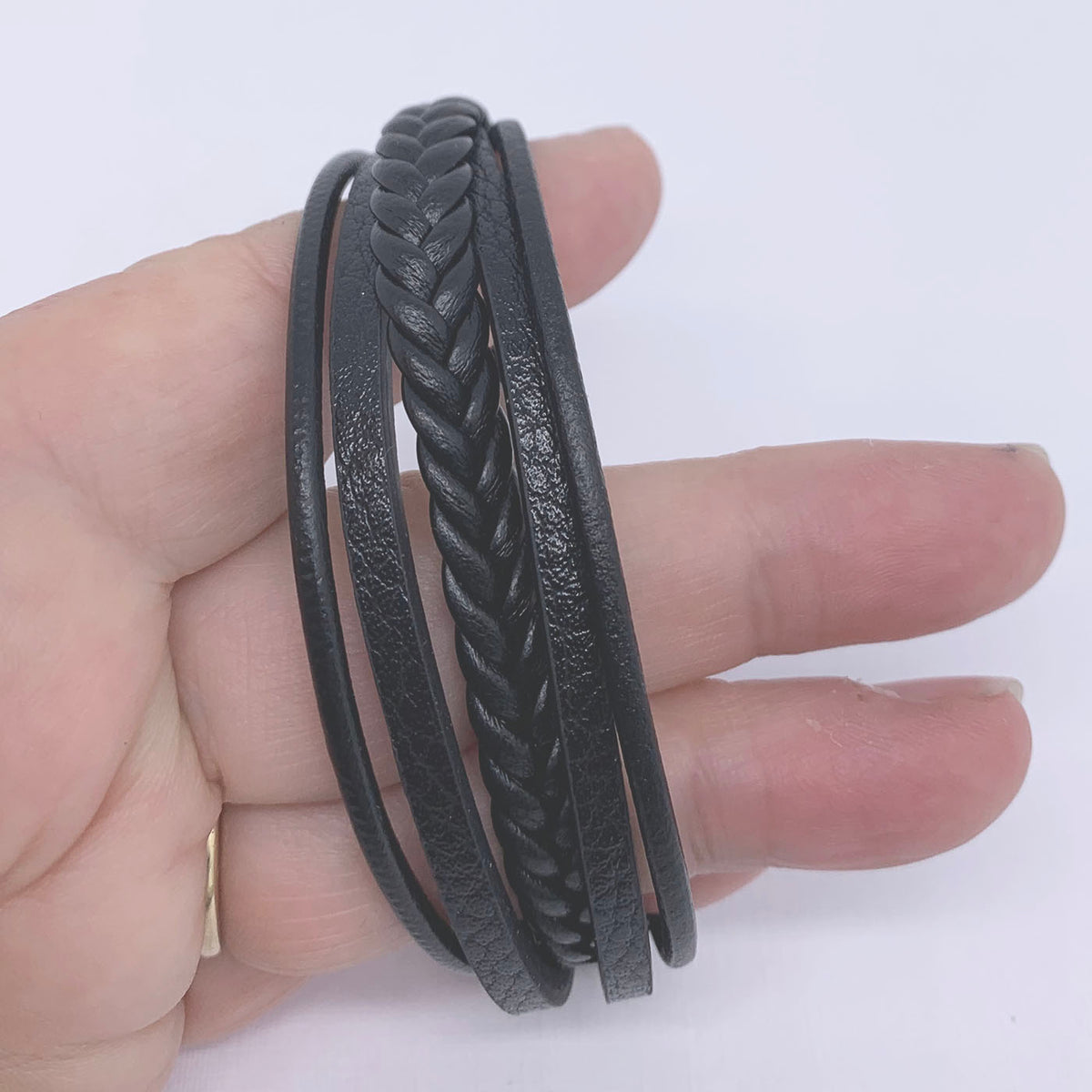 black leather bracelet 5 strand frenelle jewellery
