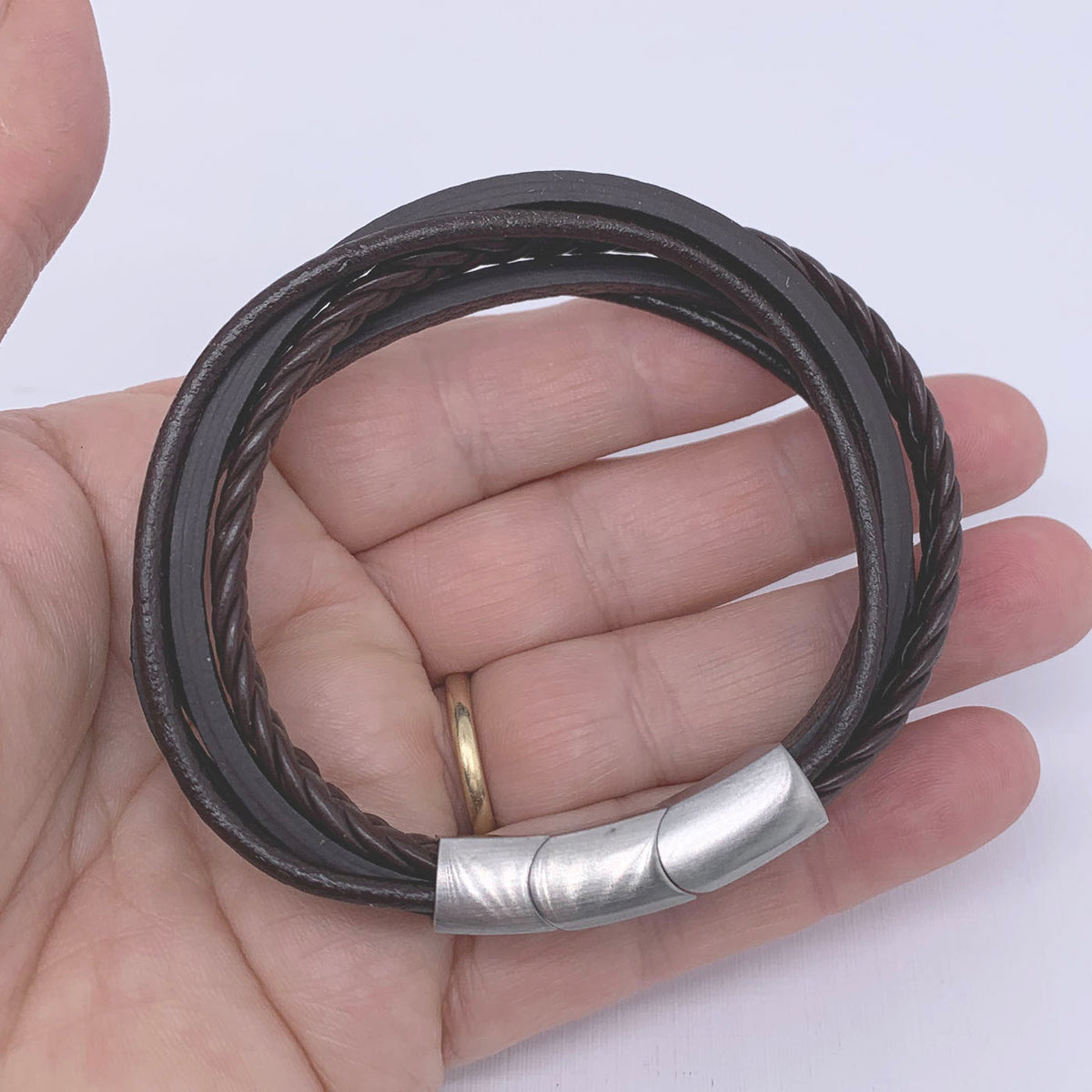 brown leather bracelet 5 strand frenelle jewellery