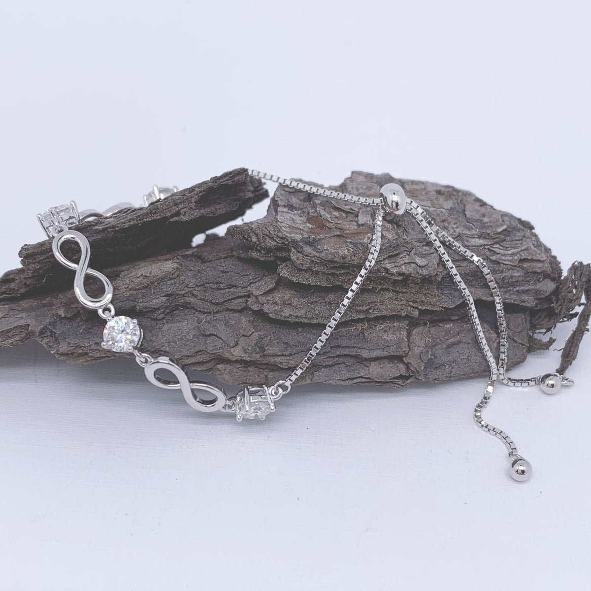 silver adjustable moissanite bracelet infinity