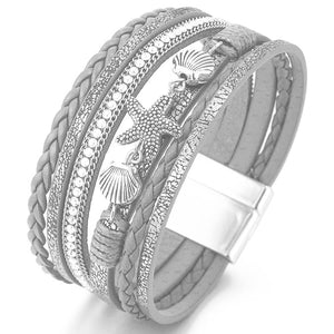 silver  multi strand leather bracelet frenelle jewellery