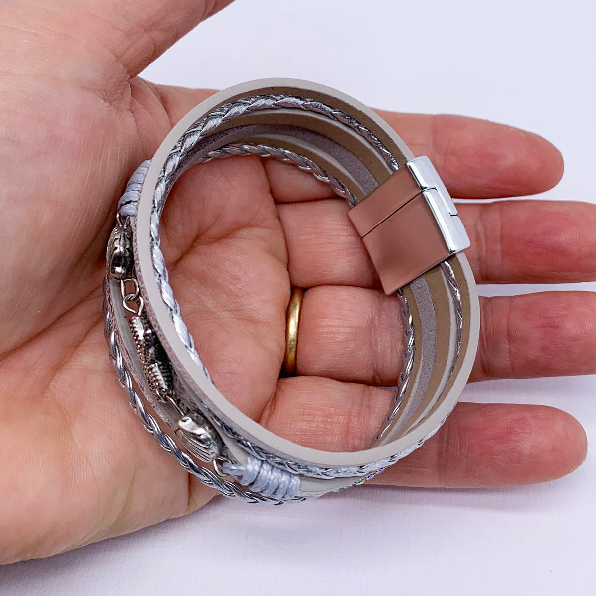 silver  multi strand leather bracelet frenelle jewellery
