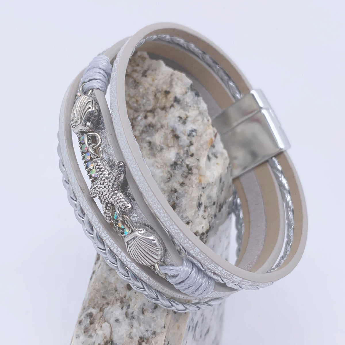 silver  multi strand leather bracelet frenelle jewellery
