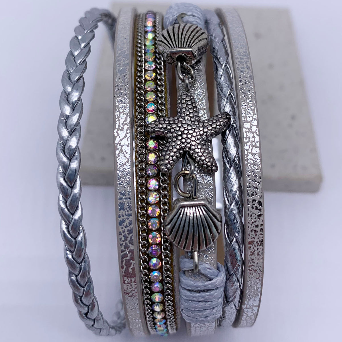 silver  multi strand leather bracelet frenelle jewellery