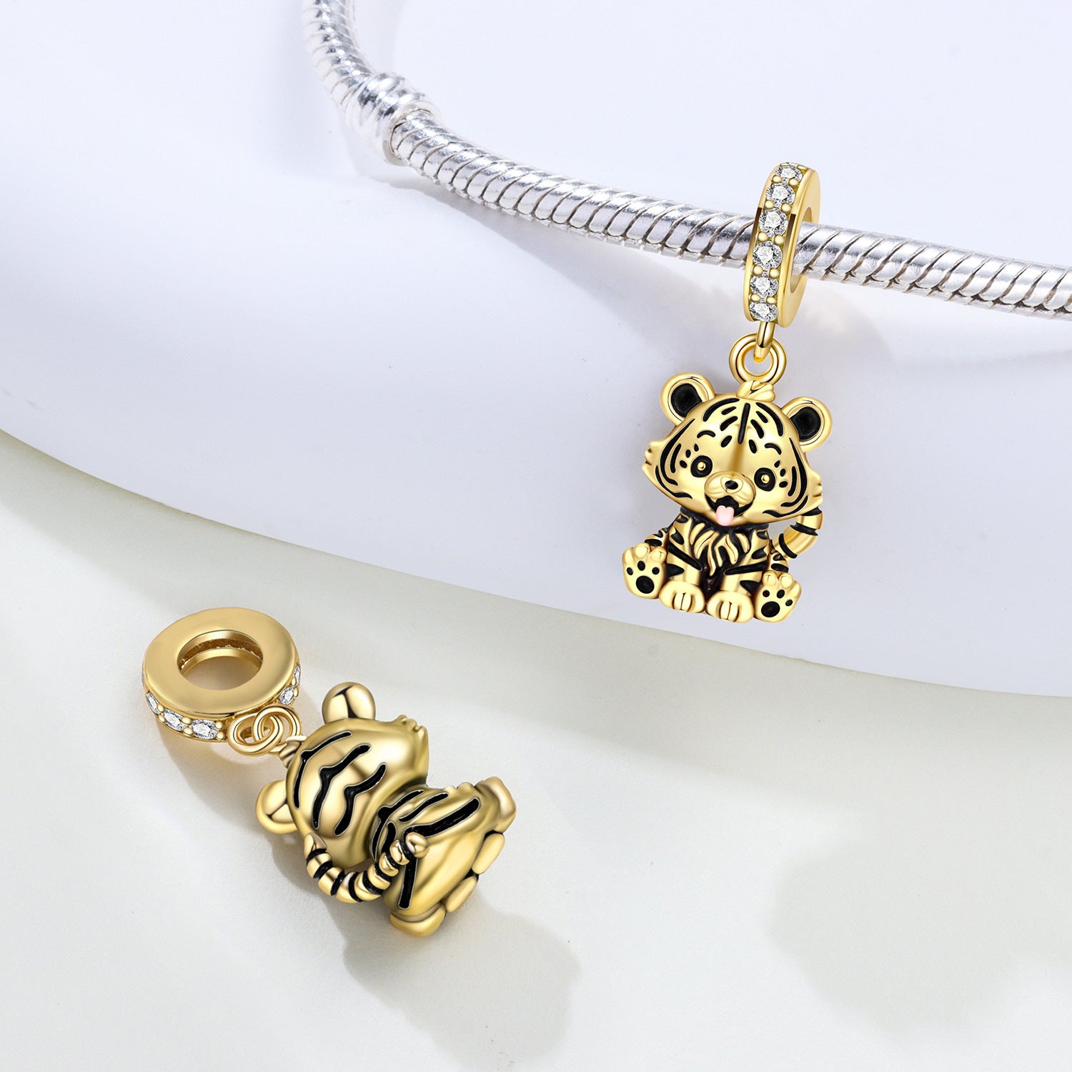 Gold tiger cub charm frenelle jewellery
