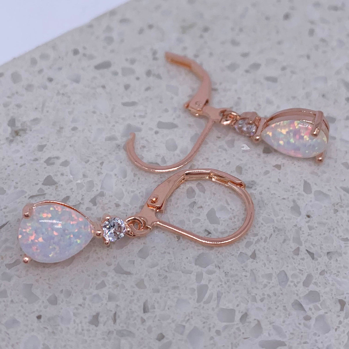 rose gold opal leverback earrings frenelle jewellery
