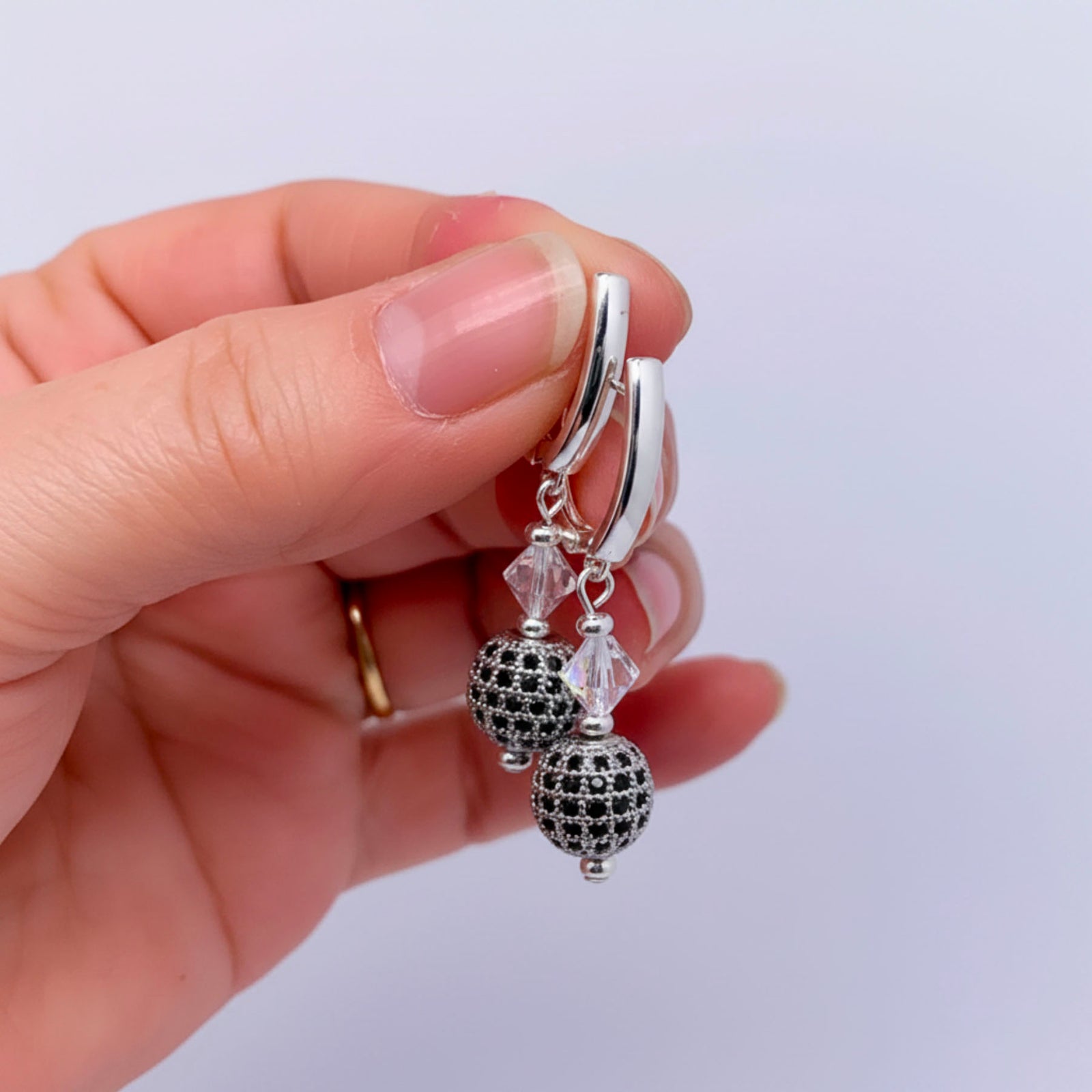 silver drop huggie earrings with Swarovski crystals by Frenelle jewellery
