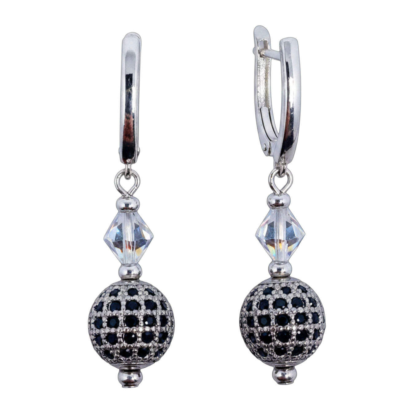 silver drop huggie earrings with Swarovski crystals by Frenelle jewellery