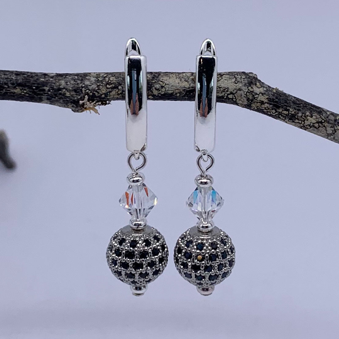 silver drop huggie earrings with Swarovski crystals by Frenelle jewellery
