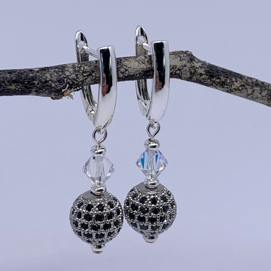 silver drop huggie earrings with Swarovski crystals by Frenelle jewellery