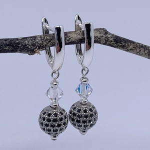 silver drop huggie earrings with Swarovski crystals by Frenelle jewellery