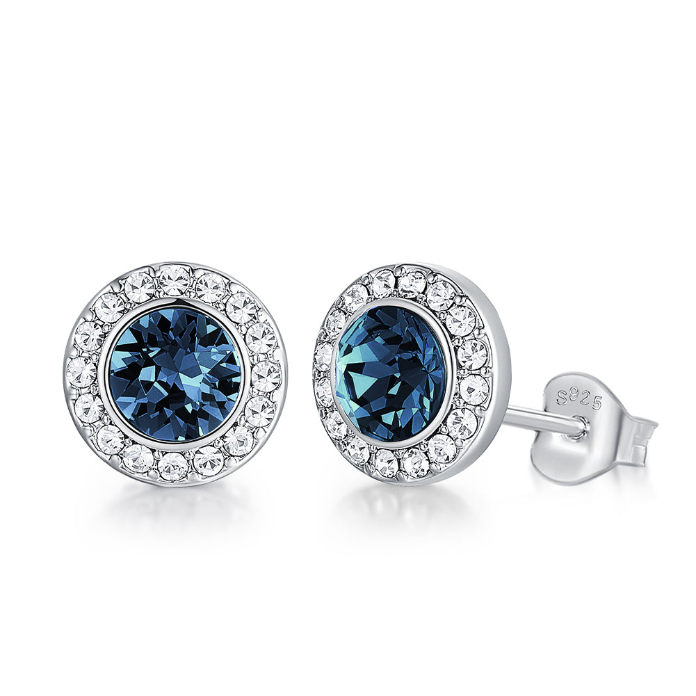 blue swarovski crystal round stud earrings frenelle jewellery