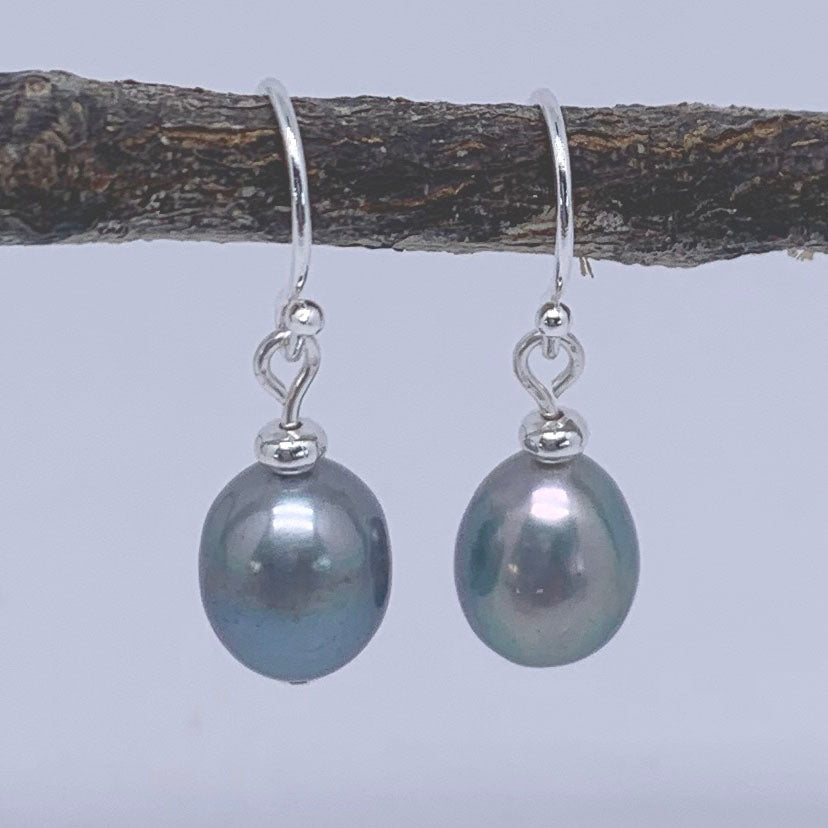 freshwater pearl earrings baroque blue grey peacock colours frenelle jewellery