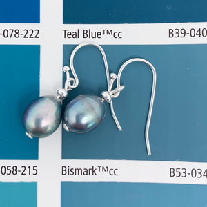 freshwater pearl earrings baroque blue grey peacock colours frenelle jewellery