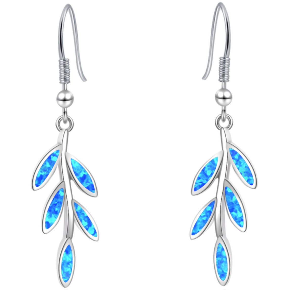 Silver Opal Leaf Drop Earrings "Fallon" (Blue)