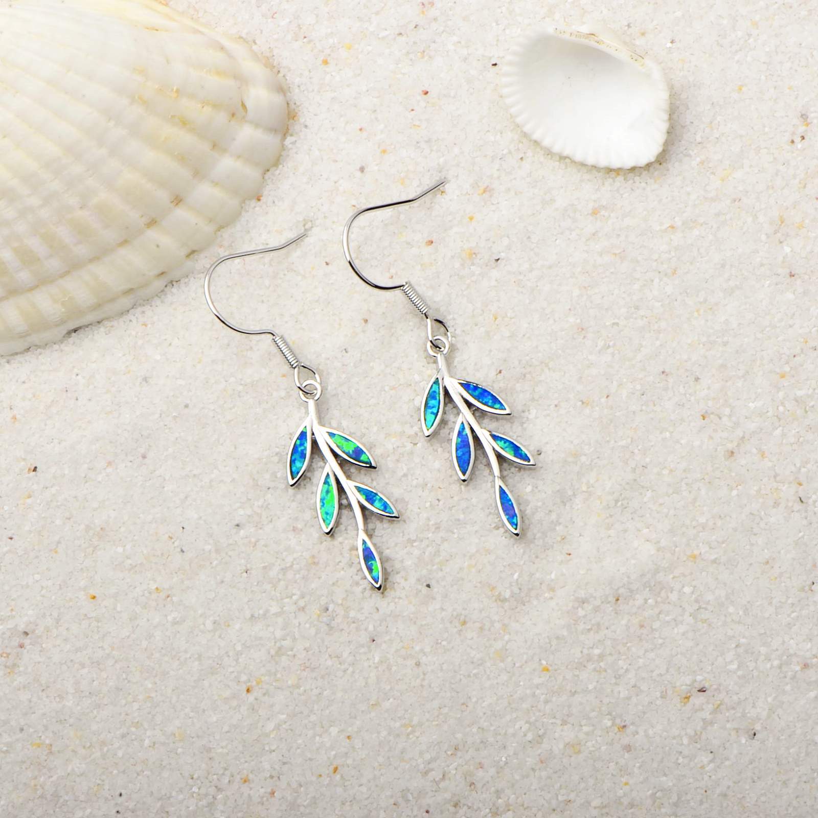 Silver Opal Leaf Drop Earrings "Fallon" (Blue)