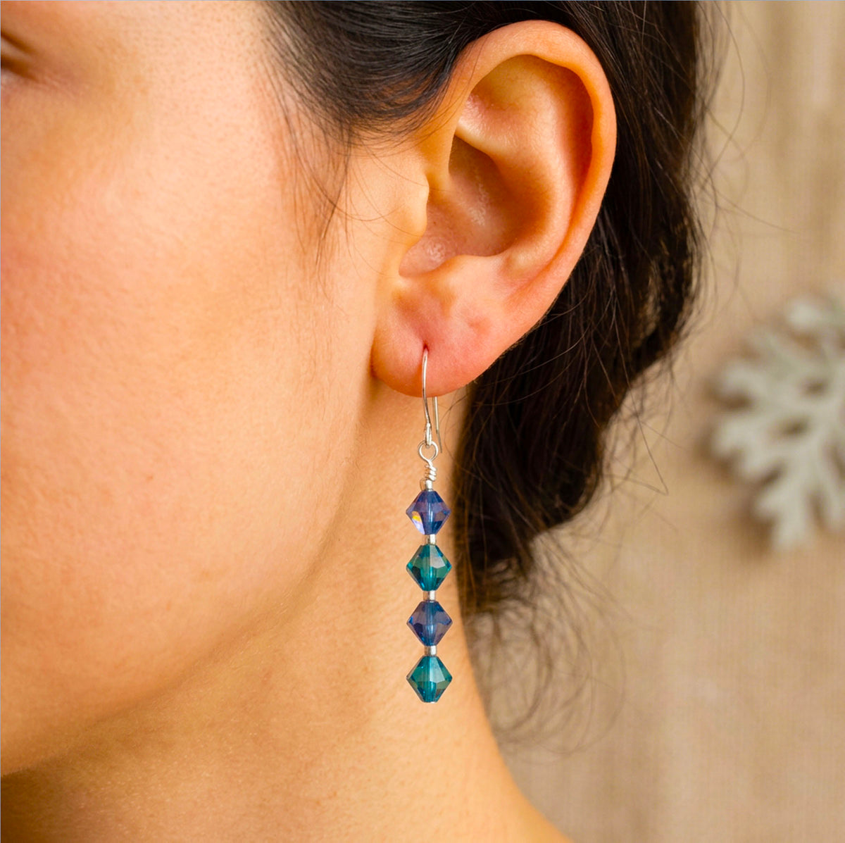 silver dangle earrings made with swarovski crystals by frenelle jewellery auckland nz