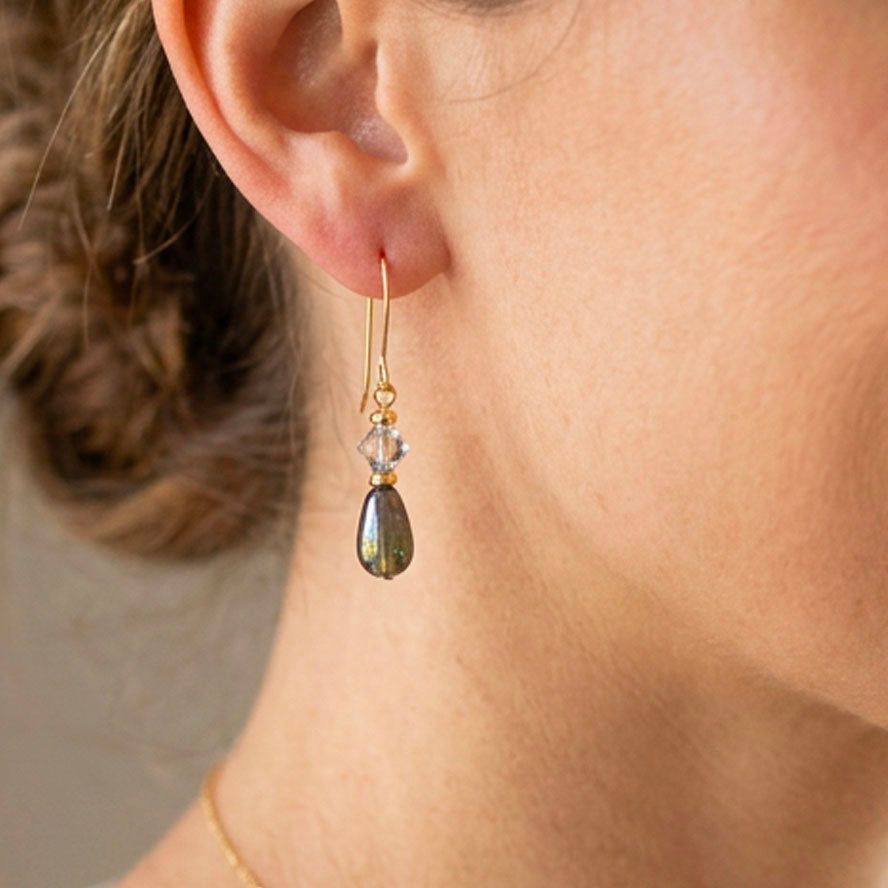 gold green drop earring jewellery by frenelle auckland nz